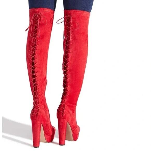 SHOEDAZZLE Elsy Lace Up Platform Boot in Red OTK 6.5 Over the Knee - Picture 1 of 7